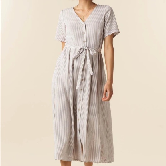 Vetta Dresses & Skirts - Vetta The Button Up Midi Dress in Tan stripe